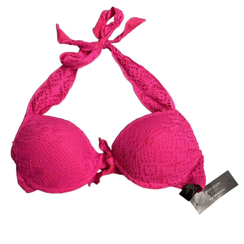 Bisou Bisou Bikini Halter Top Bright Pink Lace Woman's Size Medium